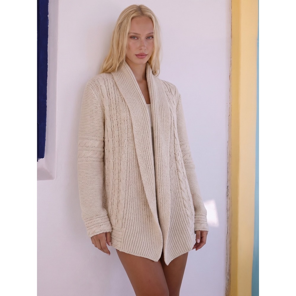 Pure Handknit Cream Cotton Cable Knit Open Front Shawl‎ Cardigan Sweater XS/S